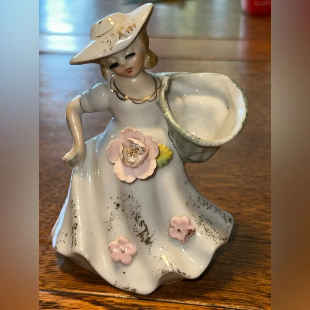 Vintage Porcelain Bud Vase Lady in Dress Eyelashes Pink Flowers Raised Relief
